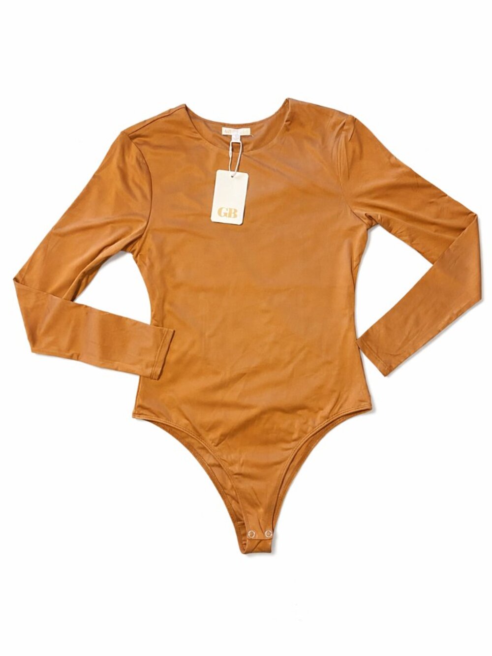 GB Women’s Mocha Brown Long Sleeve Bodysuit Double Layer Stretch Top Size S New